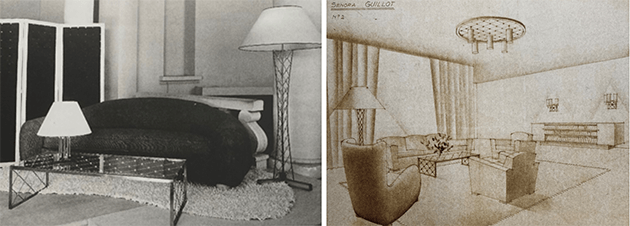Left: Living room presented at the “Résidence Française” exhibition, 1947, Paris. Right: Drawing for the apartment of Ms. Guillot, Peru, circa 1955